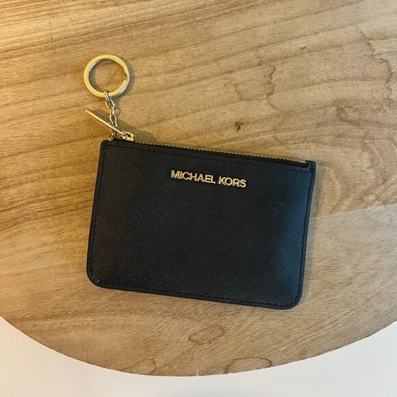 Michael Kors Black Saffiano Leather Zipper Small Card Wallet with Key Ring - Picture 1 of 12